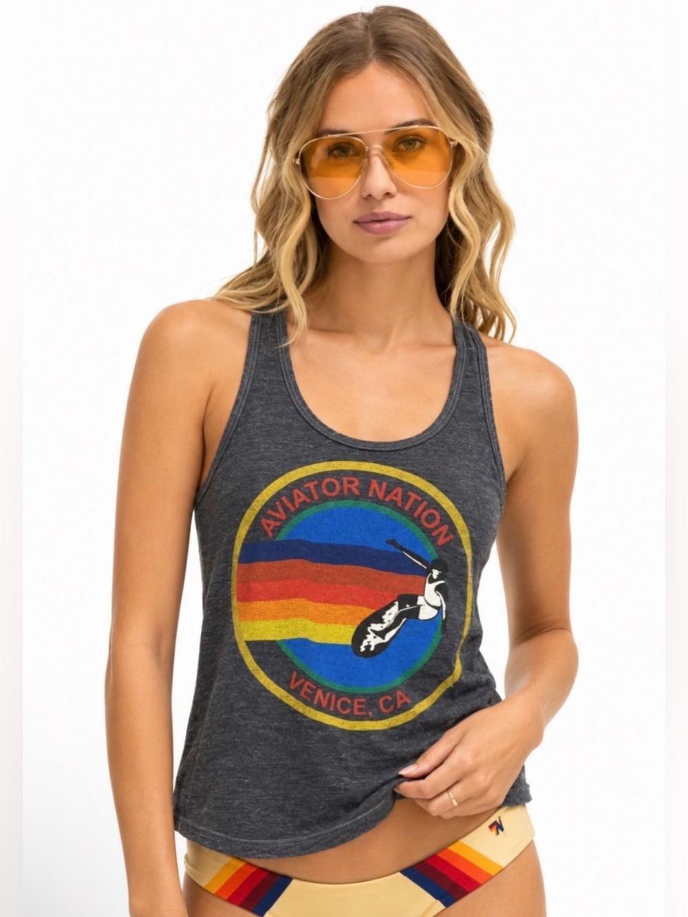 Aviator Nation Charcoal Gray Retro Rainbow Surfer Tank Top Size Small